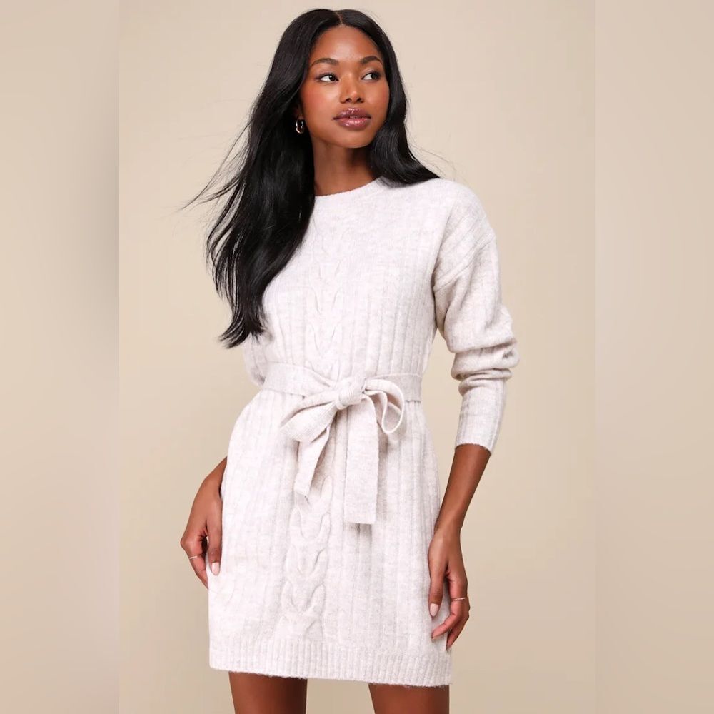 Lulus Wishing on Winter Cream Cable Knit Mini Sweater Dress